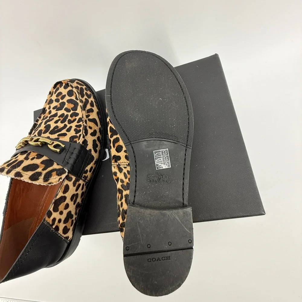 Coach Putnam Leopard Calf Hair Loafers‎ Black Leather Chain G2426 Natural 6.5B
